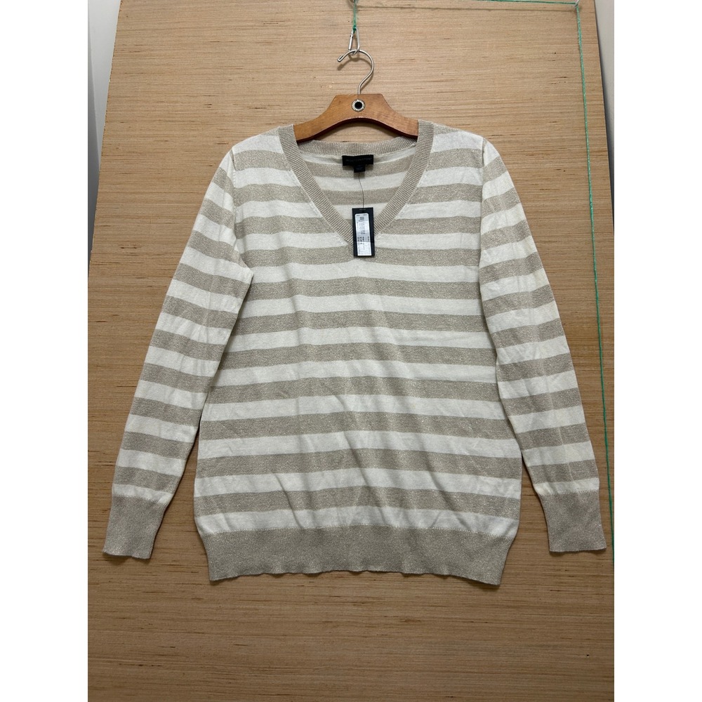 Worthington Womens XL V-Neck Sweater Gold Metallic Striped Cream Long Sleeve NEW